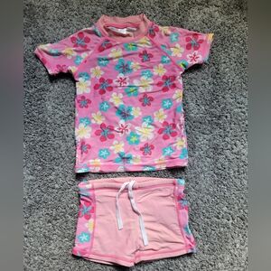 Kids Pink Floral Rash Guard Set - Short Sleeve Top & Swim Shorts Size 110= 4/5T